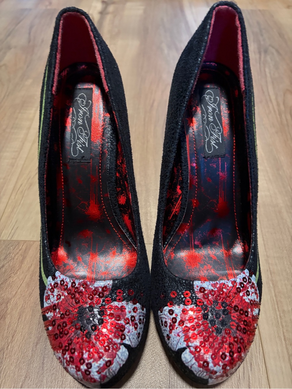 Iron Fist Black Pumps with Red Sequin Floral Toe